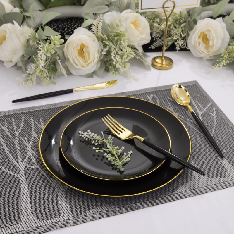 KIRE 60PCS Black Plastic Plates - Black and Gold Plates - Black Disposable Plates with Gold Rim for Party - Include 30Pcs 10.25inch Black Plates and 30Pcs 7.5inch Black Plates - Image 4