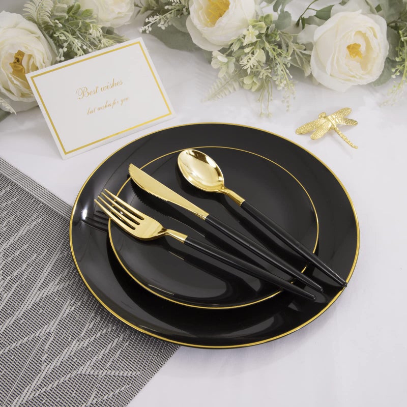 KIRE 60PCS Black Plastic Plates - Black and Gold Plates - Black Disposable Plates with Gold Rim for Party - Include 30Pcs 10.25inch Black Plates and 30Pcs 7.5inch Black Plates - Image 3