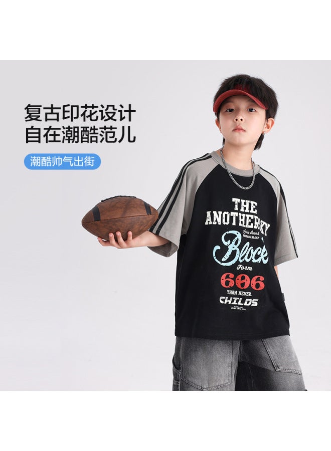 Boys' Summer American-style Color-blocking Sports Short-sleeve T-shirt  New Model For Teenagers And Children, Pure Cotton Thin Top