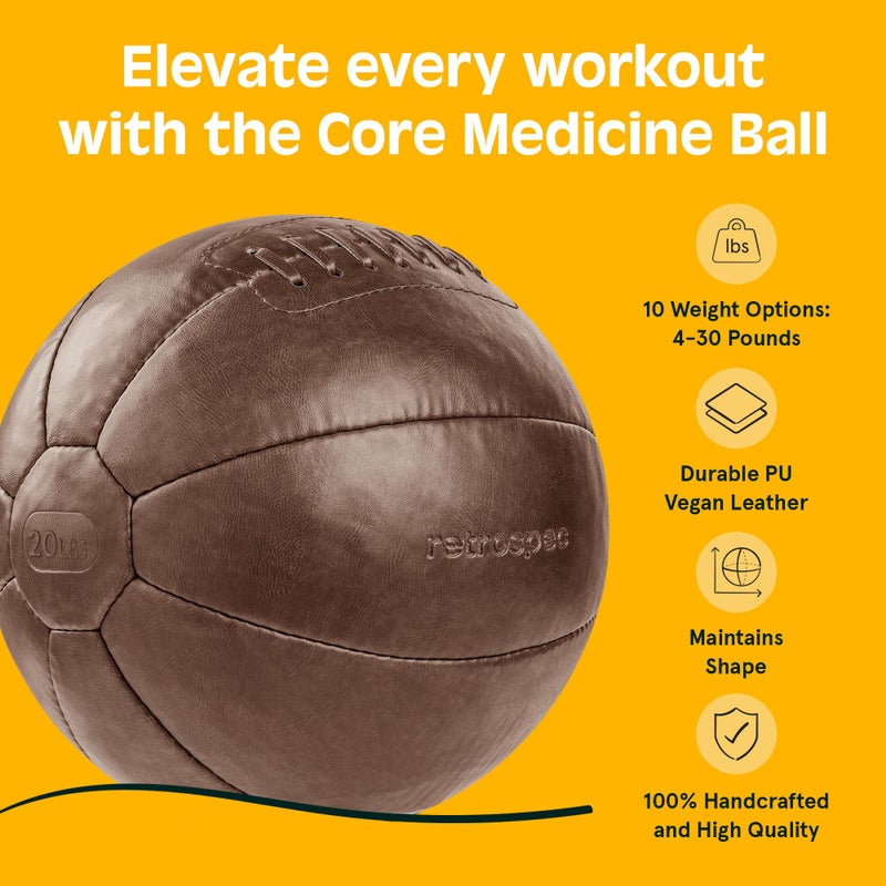 Retrospec Core Weighted Medicine Ball 4, 6, 8, 10, 12, 14, 16, 20, 25, 30 lbs, Soft Touch Vegan Leather with Sturdy Grip for Strength Training, Recovery, Balance Exercises and Other Full-Body Workouts - Image 4