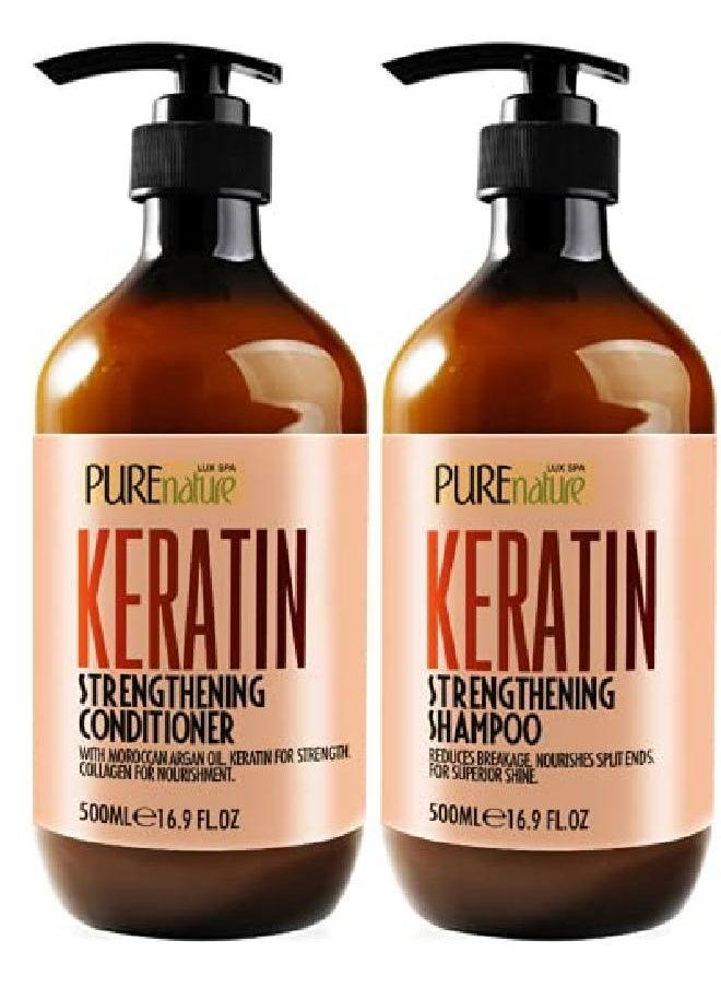 Pure Nature Lux Spa - Keratin Shampoo And Conditioner Set Sulfate Free Moisturizing Treatment For Men And Women Hair Thickening Product For Volume And Shine With Moroccan Argan Oil - Image 1