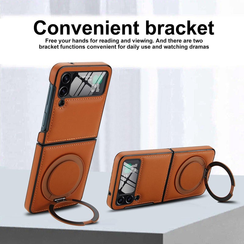 erorex For Samsung Galaxy Z Flip3 5G Folding Rotation Holder MagSafe Film Integrated Leather Phone Case(Brown) - Image 4