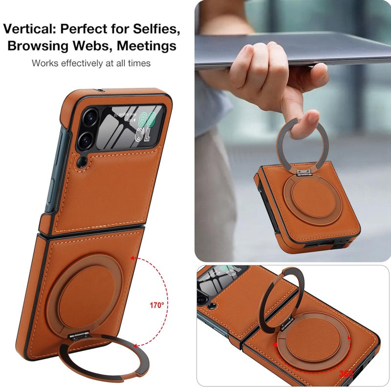 erorex For Samsung Galaxy Z Flip3 5G Folding Rotation Holder MagSafe Film Integrated Leather Phone Case(Brown) - Image 5