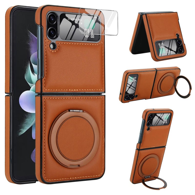 erorex For Samsung Galaxy Z Flip3 5G Folding Rotation Holder MagSafe Film Integrated Leather Phone Case(Brown) - Image 2