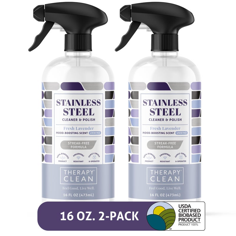Therapy Stainless Steel Cleaner and Polish 100% USDA Biobased, Fingerprint and Residue Remover, Lavender Essential Oil Scent, Sink Cleaner, Grill Spray - Image 1