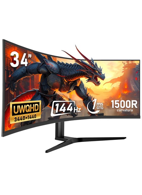 34 Inch Ultrawide Curved Gaming Monitor, 1500R PC Screen 144hz UWQHD 3440x1440, Curved Computer Screen with FreeSync,Multi-Directional Adjustable Base