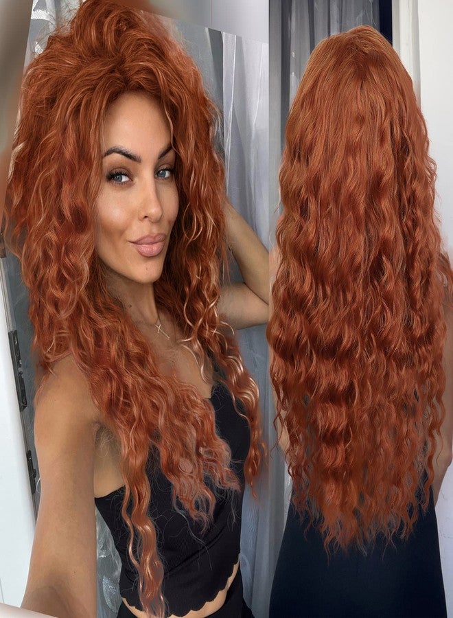 GNIMEGIL Long Ginger Red Orange Curly Wig Synthetic Hair Merida Costume with Fluffy Waves Free Part Hairline Natural Copper Tones Wig Ideal for Halloween Cosplay and Drag Queen Wigs - Image 1