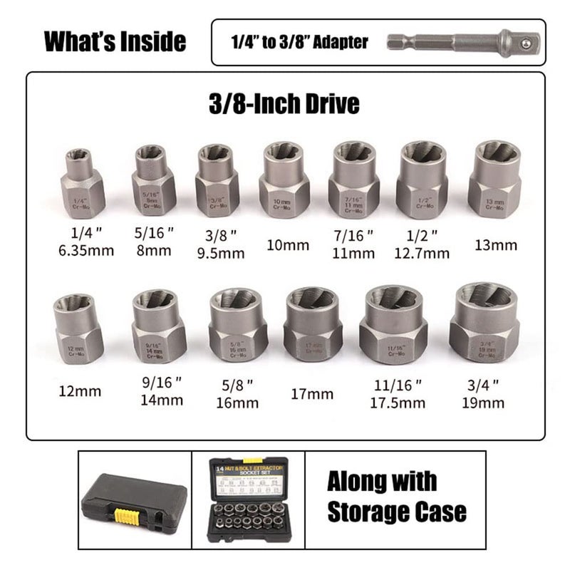 LSLANSOON 3/8” Drive Impact Bolt Nut Extractor Set, 13 Pcs Lug Nut Remover Kit 1/4”-3/4” Twist Socket Tool Set with a 1/4” Hex Drive to 3/8” Socket Adapter - Image 2