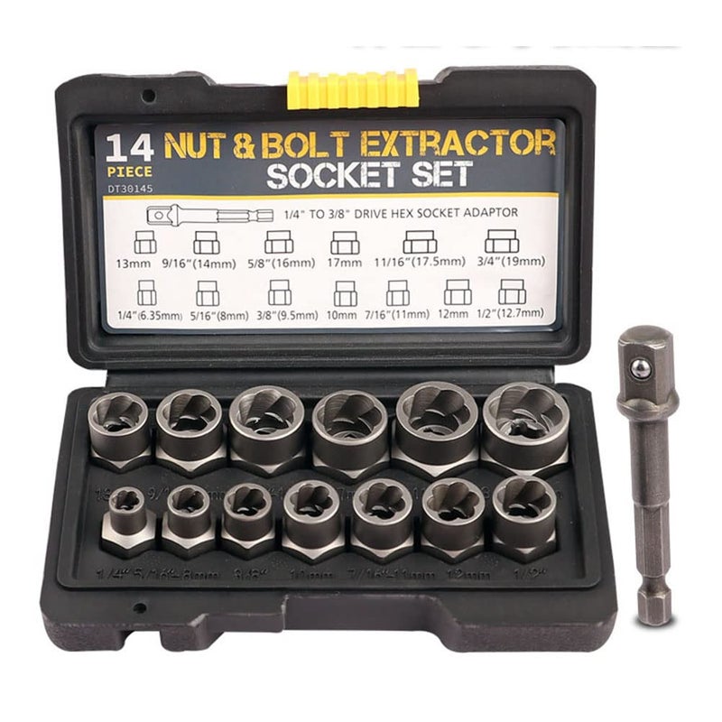 LSLANSOON 3/8” Drive Impact Bolt Nut Extractor Set, 13 Pcs Lug Nut Remover Kit 1/4”-3/4” Twist Socket Tool Set with a 1/4” Hex Drive to 3/8” Socket Adapter - Image 1