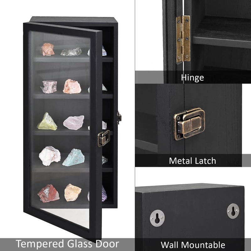 Ikee Design Wall Mounted Wooden Collectible Display Case 5 Shelf Display Storage Accessories with Tempered Glass Door, Black Color - Image 3