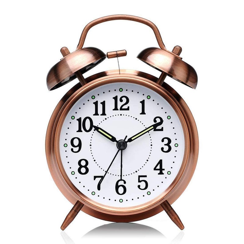 DERIKO Metal Vintage Look Twin Bell Table Alarm Clock with Night LED Display Loud Sound Alarm Voice Copper - Image 1