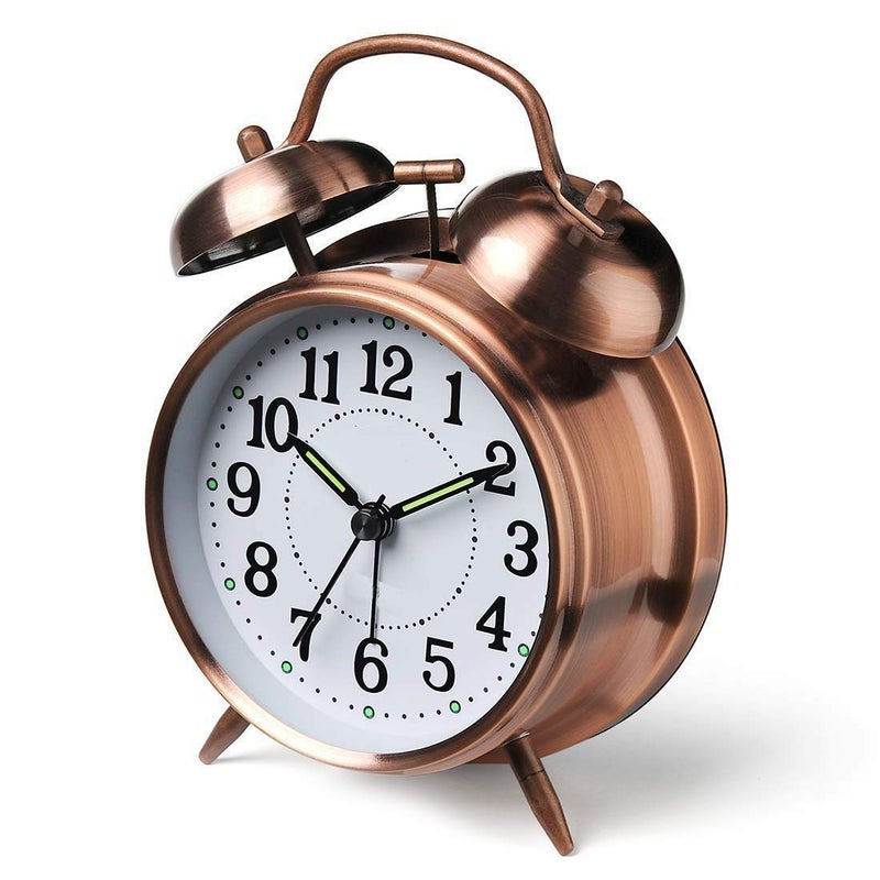 DERIKO Metal Vintage Look Twin Bell Table Alarm Clock with Night LED Display Loud Sound Alarm Voice Copper - Image 2