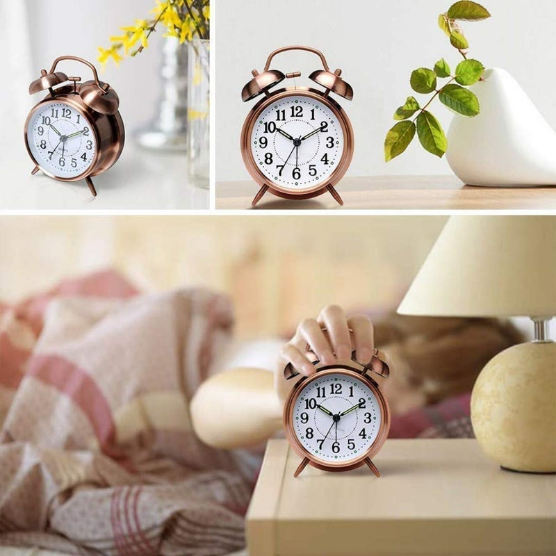 DERIKO Metal Vintage Look Twin Bell Table Alarm Clock with Night LED Display Loud Sound Alarm Voice Copper - Image 5