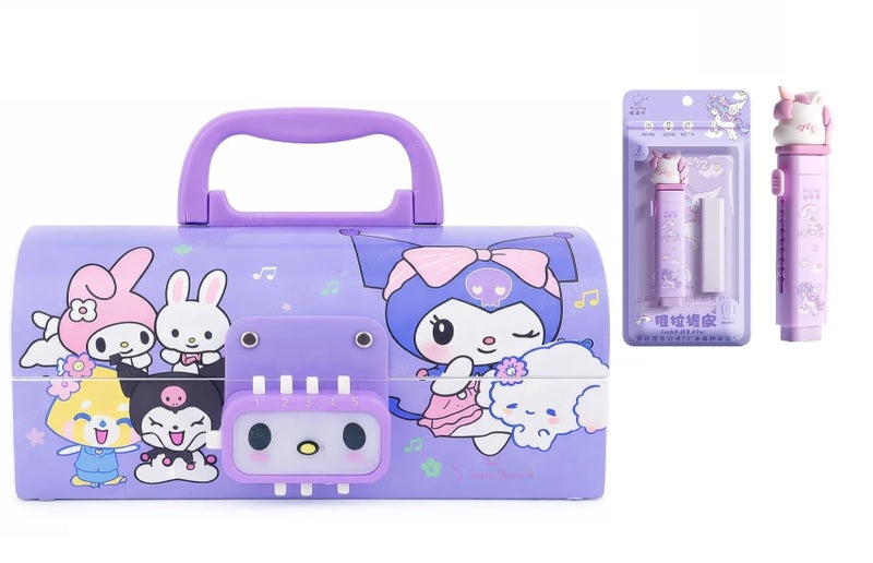 Invite Enterprise Invite New Cartoon Theme Pencil Box with Push Pull Eraser Set for Kids | Suitcase Style Password Lock Stationery Organizer | School Supplies Gift Combo for Boys & Girls (Kuromi Purple + Eraser) - Image 1