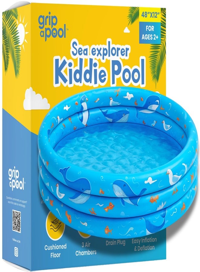 GRIP A POOL مسبح أطفال قابل للنفخ، دائري الشكل، مصنوع من البلاستيك، مقاس 48 × 12 بوصة، مناسب للعب بالماء في الهواء الطلق، مزود بألعاب حوض الكرات للأطفال من عمر سنتين إلى خمس سنوات، مثالي لفصل الصيف، مع أرضية مبطنة. - Image 1