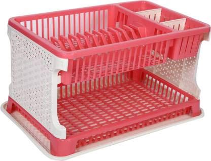 NEWON Plastic 2 Layer Multipurpose Kitchen Dish Rack, Fruits and Vegetable Drying Drain and Storage Stand with Water Storing Tray (Pink) - Image 3
