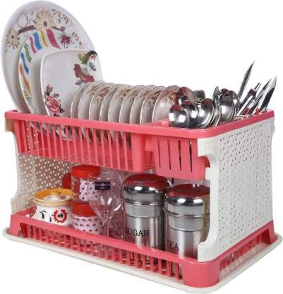 NEWON Plastic 2 Layer Multipurpose Kitchen Dish Rack, Fruits and Vegetable Drying Drain and Storage Stand with Water Storing Tray (Pink) - Image 1