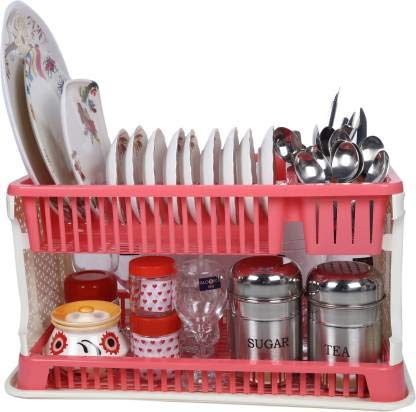 NEWON Plastic 2 Layer Multipurpose Kitchen Dish Rack, Fruits and Vegetable Drying Drain and Storage Stand with Water Storing Tray (Pink) - Image 2