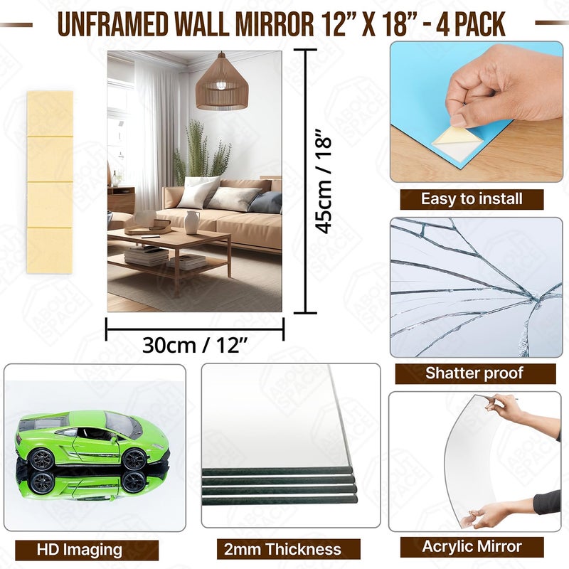 ABOUT SPACE مرآة حائط كاملة الطول من ABOUT SPACE 4 قطع زجاجية 18 × 12 بوصة مرآة أكريليك حائطية بشريط مزدوج بدون إطار مرنة لمدخل الحمام غرفة النوم صالة الألعاب الرياضية مرآة خزانة الحمام 45 × 30 سم - Image 2