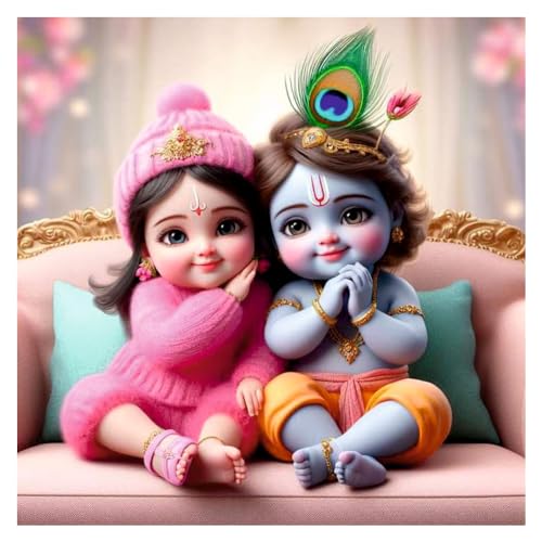 Decals Creation Cute Smiley Krishna And Radha God Wall Poster For Living Room, Kids Room, Office (Size - 41CM X 41CM) - Image 1