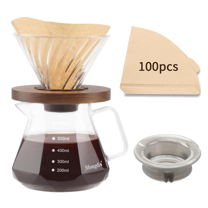 Mongdio Pour Over Coffee Maker 20 oz V60 HighHeat Borosilicate Glass Coffee Maker with 100pcs Paper Filters 5 in 1 Drip Coffee Maker Set for Home Caf Restaurant and Camping  600ml Clear