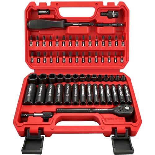 SEDY 64Piece 14 Drive Impact Socket Wrench DriverBits Set CrV MetricSAE Deep and Shallow Socket Set S2 Power Bits with QuickRelease Ratchet Handle Universal Joint Bit Holder Power Drill Adapter - Image 1