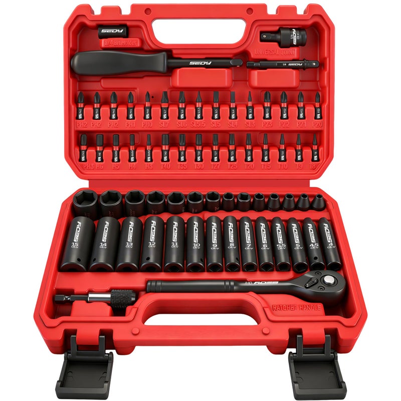 SEDY 64Piece 14 Drive Impact Socket Wrench DriverBits Set CrV MetricSAE Deep and Shallow Socket Set S2 Power Bits with QuickRelease Ratchet Handle Universal Joint Bit Holder Power Drill Adapter - Image 2