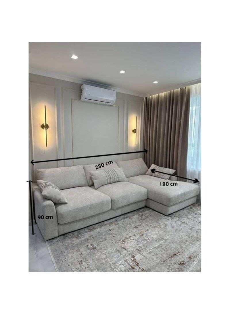 Big L-Shaped Corner Sofa in Beech Wood Style, Velvet Fabric, 3 Cushions, 280x90x180 cm - Gray - Image 2