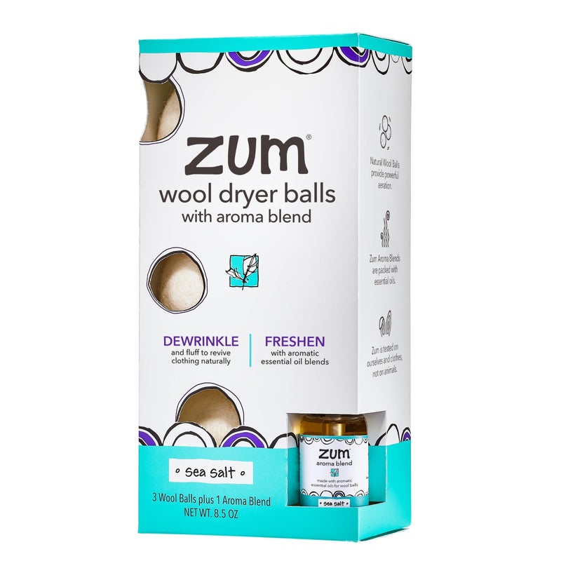 Zum Indigo Wild Laundry Dryer Balls Kit - Wool Laundry Balls for The Dryer - Essential Oil Spray - Reusable Drying Balls for Laundry - Sea Salt - (3 Dryer Balls, 1 Aroma Blend) - Image 1