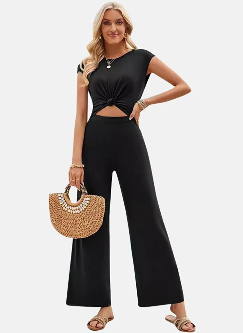 YUNIQEE Black Solid Relaxed Fit Square Neck Jumpsuit