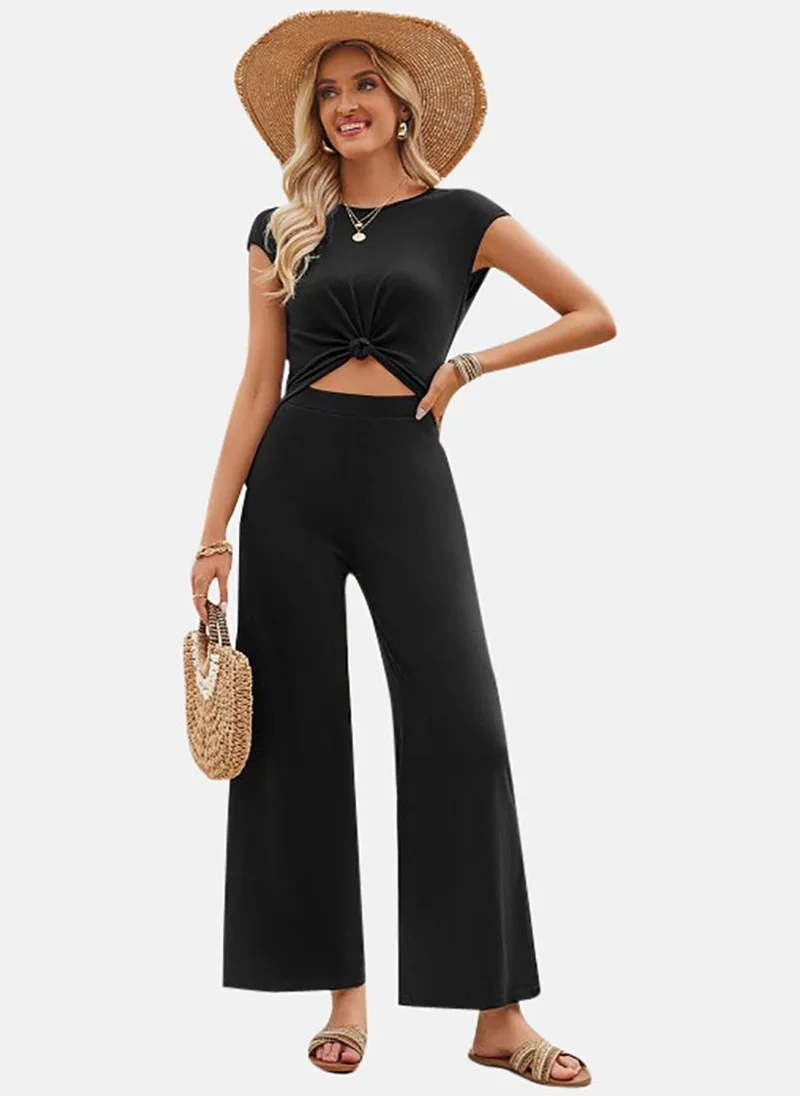YUNIQEE Black Solid Relaxed Fit Square Neck Jumpsuit