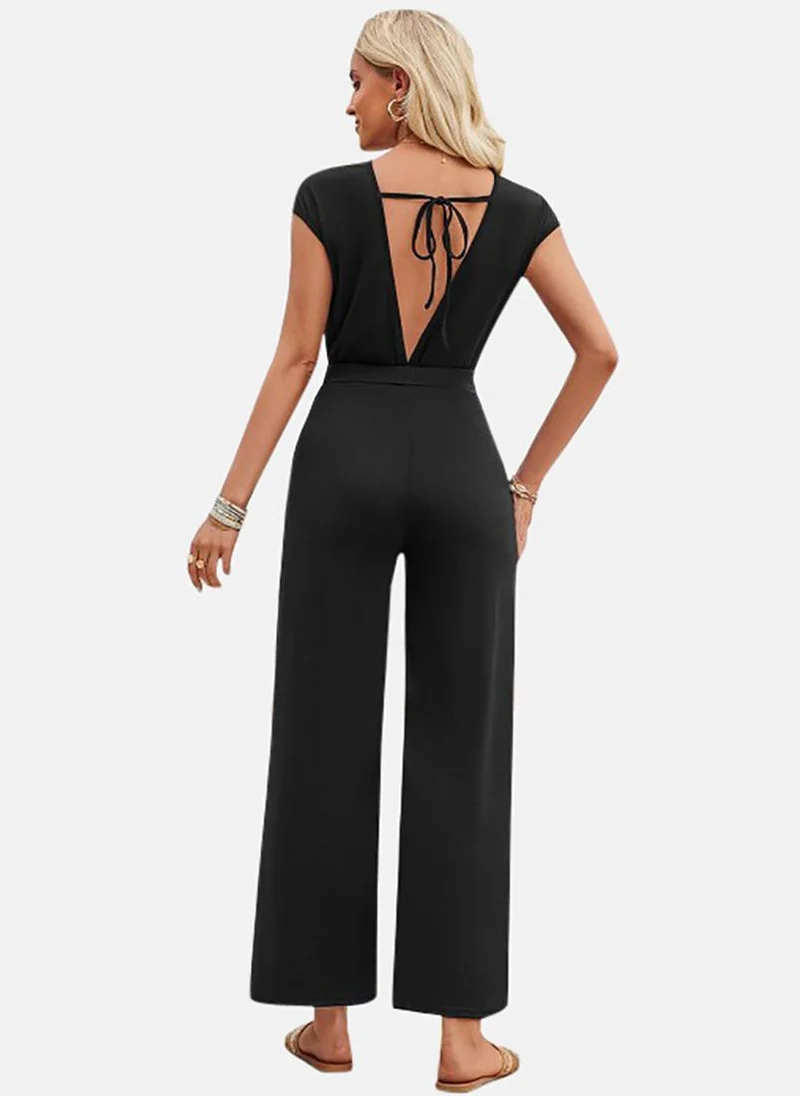 YUNIQEE Black Solid Relaxed Fit Square Neck Jumpsuit