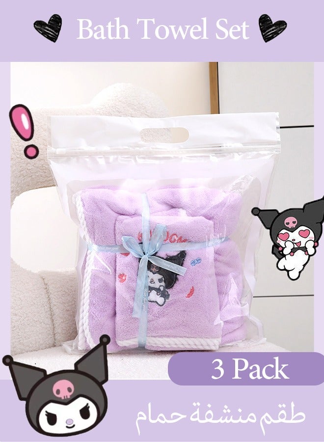 سانريو 3 قطع طقم فوط استحمام سانريو كورومي لطيف من سانريو، منشفة حمام من الصوف المرجاني، يتضمن منشفة حمام ومنشفة شعر ومنشفة، بنفسجي - Image 1
