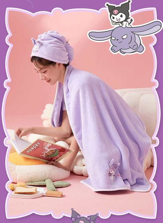 سانريو 3 قطع طقم فوط استحمام سانريو كورومي لطيف من سانريو، منشفة حمام من الصوف المرجاني، يتضمن منشفة حمام ومنشفة شعر ومنشفة، بنفسجي - Image 3