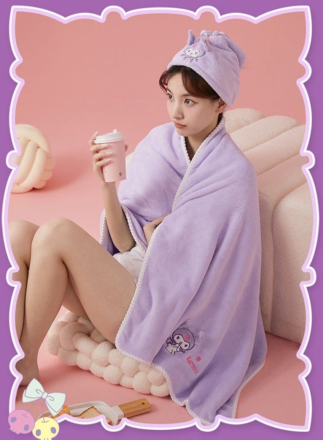 سانريو 3 قطع طقم فوط استحمام سانريو كورومي لطيف من سانريو، منشفة حمام من الصوف المرجاني، يتضمن منشفة حمام ومنشفة شعر ومنشفة، بنفسجي - Image 4