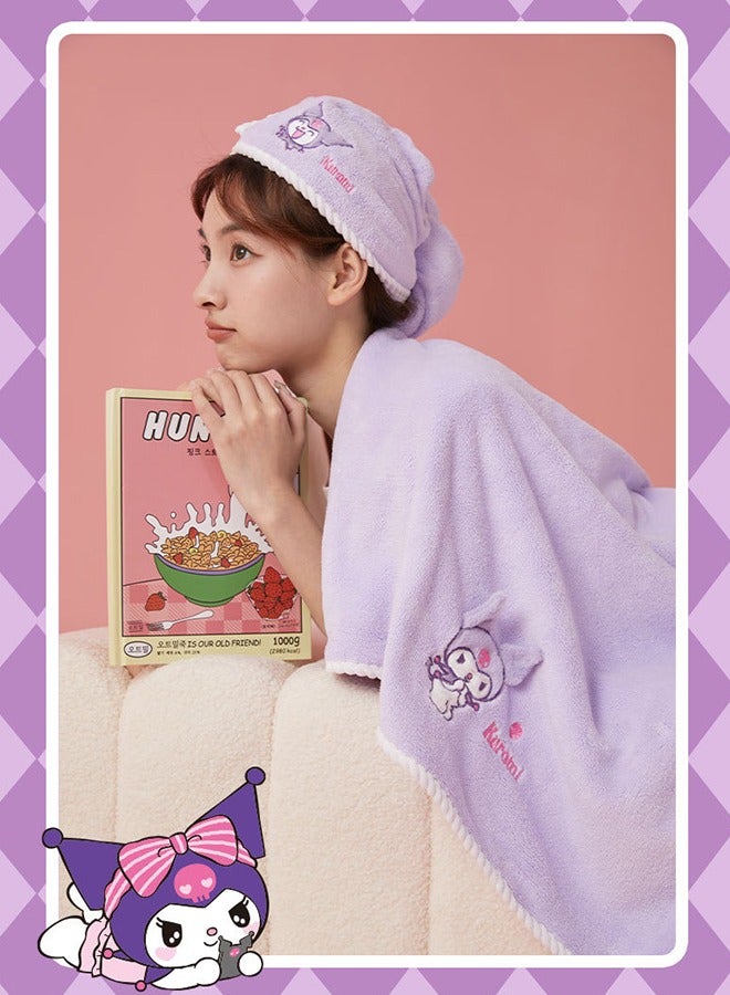 سانريو 3 قطع طقم فوط استحمام سانريو كورومي لطيف من سانريو، منشفة حمام من الصوف المرجاني، يتضمن منشفة حمام ومنشفة شعر ومنشفة، بنفسجي - Image 5