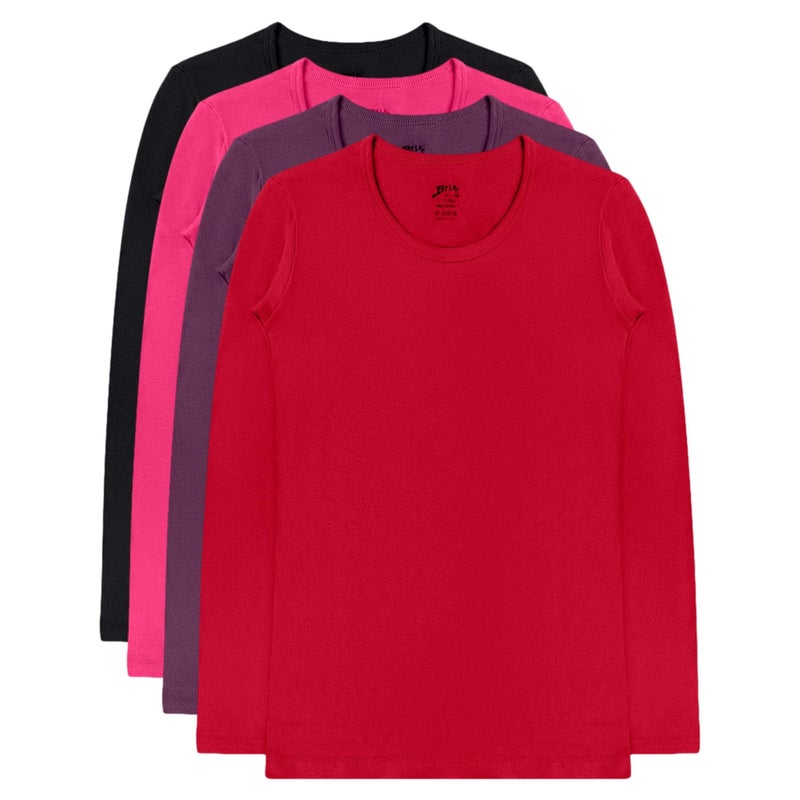 Brix Girls' Long Sleeve Tees - 100% Cotton Tagless 4 -Pack Crew Neck Super Soft Cotton T Shirts., Purple, Black, Red, Fuschia Pink, 3-4 Years - Image 1