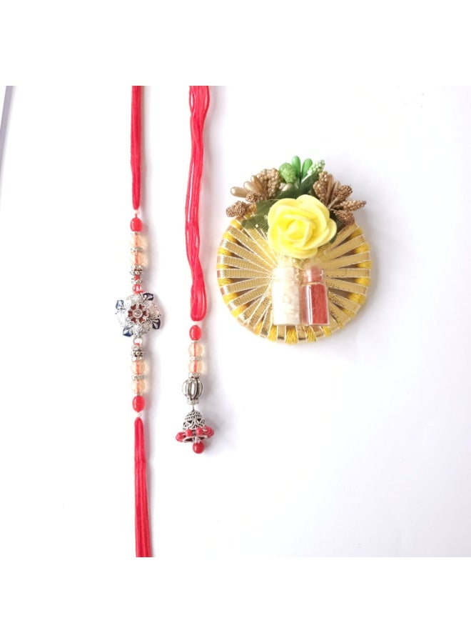Shreeji Designer Bhai-Bhabhi Rakhi Set with Roli Chawal | Traditional Raksha Bandhan Gift Combo | Handcrafted Ethnic Rakhi for Brother & Sister-in-Law (Design 9)  - Image 1