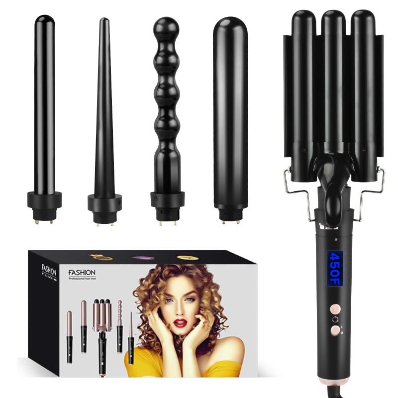 Bolaiya 5 in 1 Curling Wand Set with Temperature Display Curling Iron Set with 5 Interchangeable Ceramic Curling Wands Instant Heat Up Suitable for All Hair Types Black