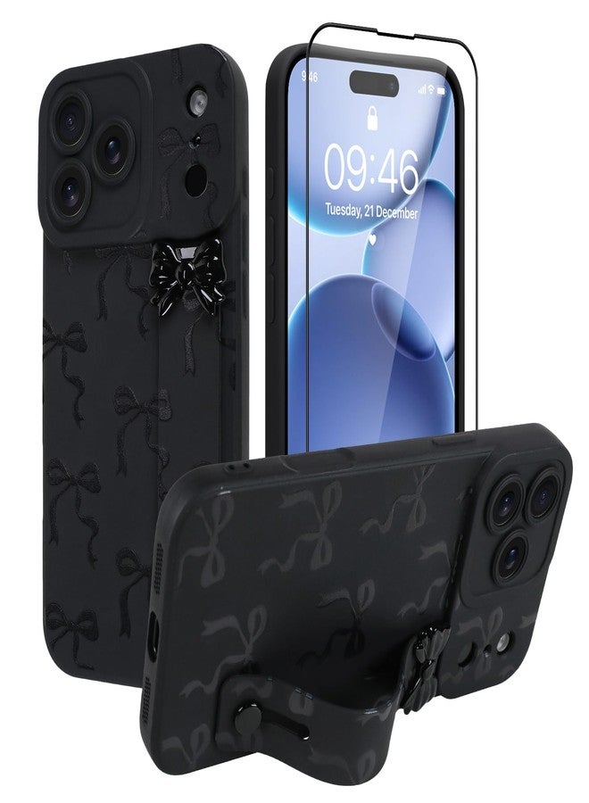 أو أو كيه جراب OOK لهاتف iPhone 17 Pro مع واقي شاشة، تصميم فيونكة لطيف مع حزام معصم قابل للتعديل وحامل، غطاء هاتف نحيف من مطاط TPU الناعم للنساء والفتيات - أسود - Image 2