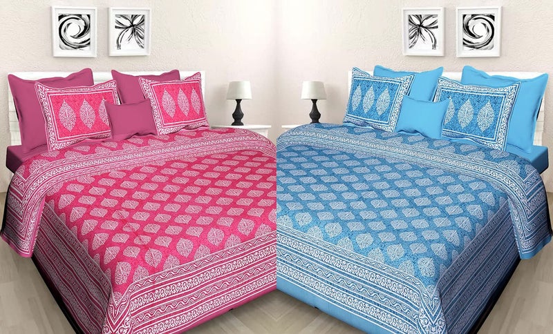 Meejoya 100% Cotton Rajasthani Jaipuri King Size Combo Bedsheets Set of 2 Double Bedsheets with 4 Pillow Covers_Made in India_147 - Image 1