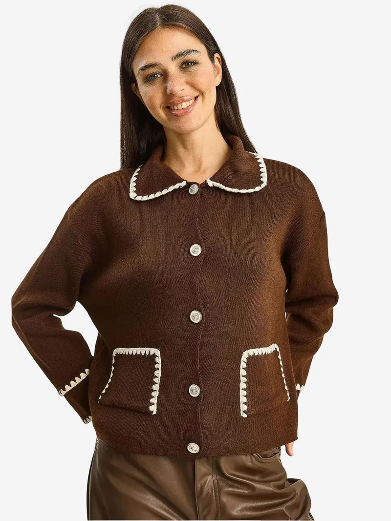 LUCCI Ribbed Long Sleeve Buttoned Cardigan with Jacket Collar