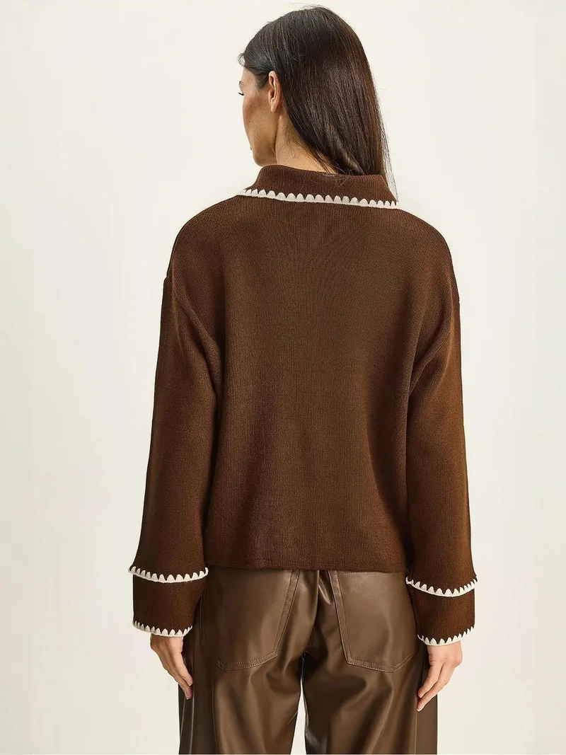 Bianco Lucci Coffee Brown LUCCI Ribbed Long Sleeve Buttoned Cardigan with Jacket Collar for Women | Best Price UAE