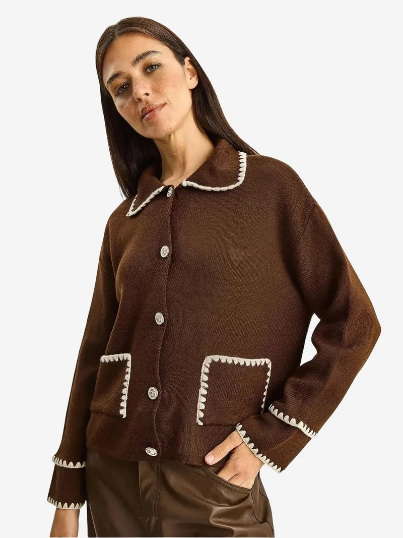 Bianco Lucci Coffee Brown LUCCI Ribbed Long Sleeve Buttoned Cardigan with Jacket Collar for Women | Best Price UAE