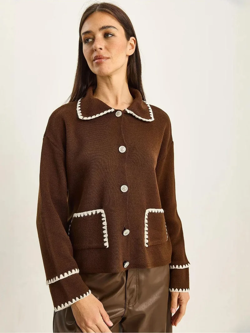 Bianco Lucci Coffee Brown LUCCI Ribbed Long Sleeve Buttoned Cardigan with Jacket Collar for Women | Best Price UAE