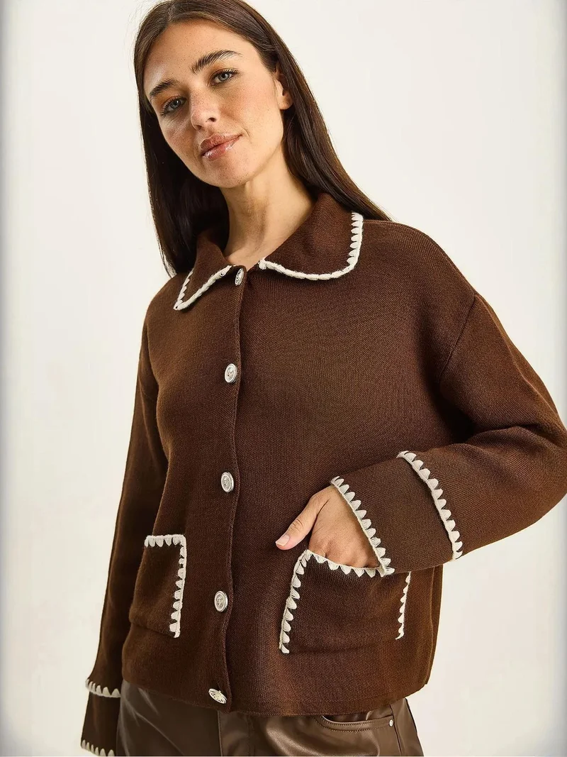 Bianco Lucci Coffee Brown LUCCI Ribbed Long Sleeve Buttoned Cardigan with Jacket Collar for Women | Best Price UAE