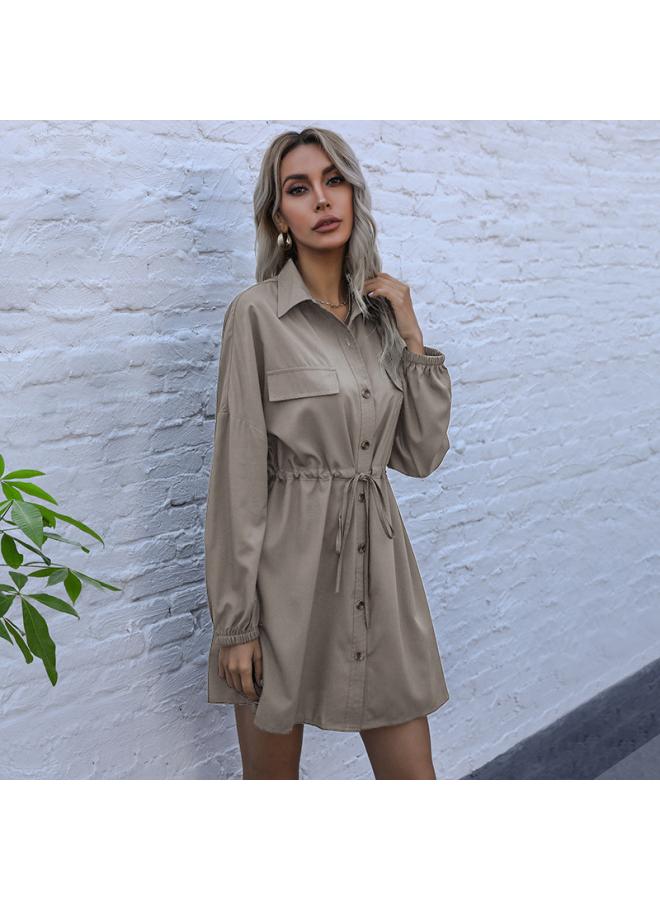 Women's Autumn New Lapel Elegant Dress Pull-out Elastic Waist Shirt A- Line Skirt