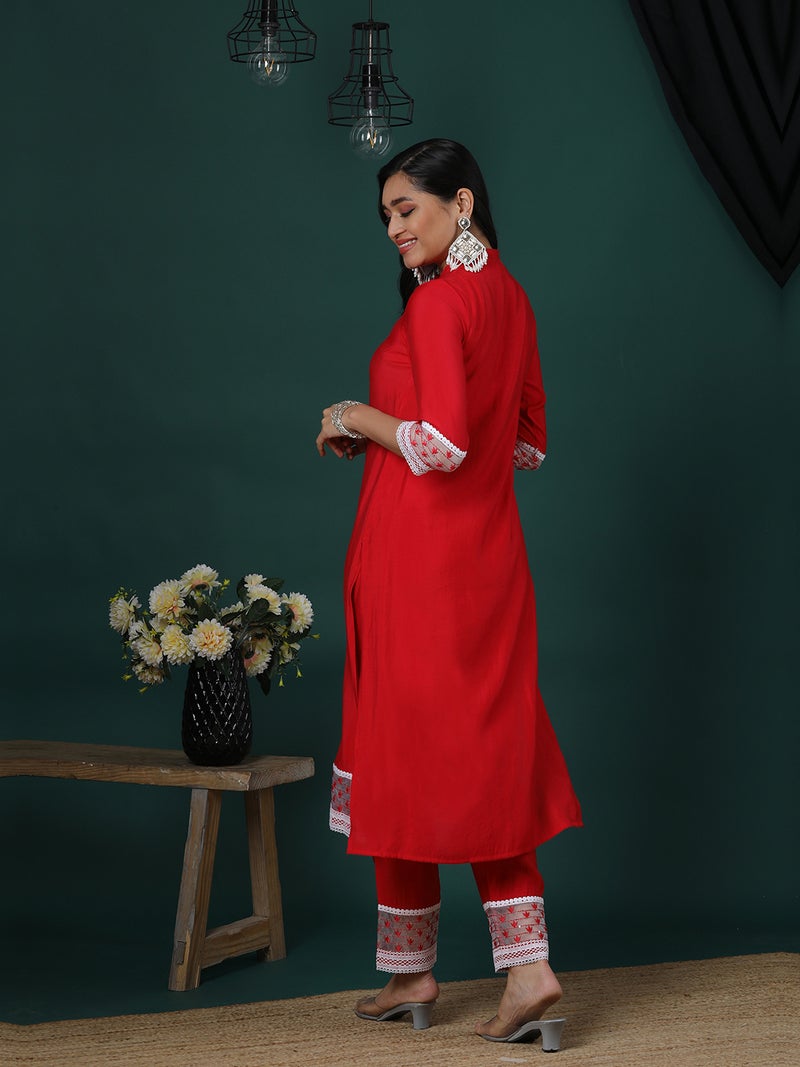 globus Globus Women Floral Yoke Design Regular Thread Work Kurta With Trousers - Image 3