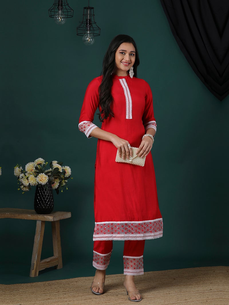 globus Globus Women Floral Yoke Design Regular Thread Work Kurta With Trousers - Image 1