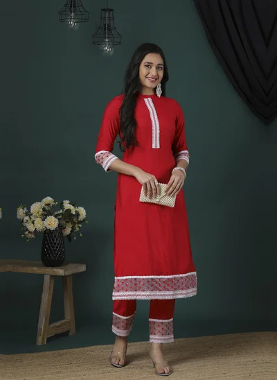 globus Globus Women Floral Yoke Design Regular Thread Work Kurta With Trousers